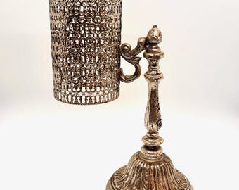 Vintage 1960s Bottled Soap Holder, Ornate Filigree, Silver Plated, Bathroom Vanity Bottle Stand
