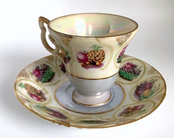 Vintage Fruit Tea Cup and Saucer: Hand Painted 1950s Collectible