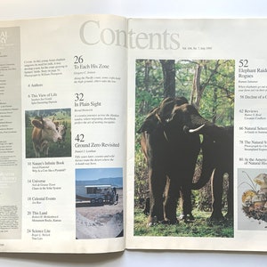May include: A magazine cover for Natural History magazine, Vol. 104, No. 5, July 1995. The cover features a photo of two elephants in a forest setting. The magazine's contents are listed on the page, including articles on elephants, ground zero, and the natural moment.