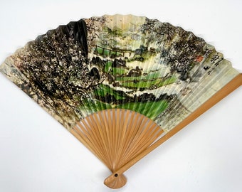 Vintage Oriental Garden Scene Hand Fan: Wood & Paper, 1970s Collectible