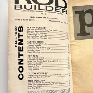 May include: A vintage magazine cover for Rod Builder, a publication for car enthusiasts. The cover features the magazine's name in bold, black letters, with the words "America's Leading Rodding and Customizing Periodical" in smaller letters below. The cover also includes a table of contents with various topics related to car customization, such as "Hop Up Workshop", "Custom Design", "Hot Rods", "Custom Workshop", and "Tech Workshop". The magazine's issue number and date are also listed on the cover.