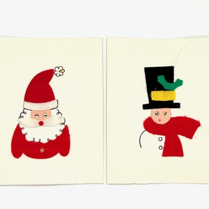 Set of 2 - Santa and Snowman Pettie Christmas Cards  - Ink, Felt Design with Sparkle Accents - Vintage 1970s Unique Holiday Greeting Card