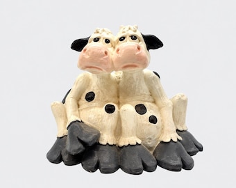 Hand Painted Twin Cow Figurine – Whimsical Farmhouse Decor – Animal Gift – Vintage 1990s Collectible Figurine