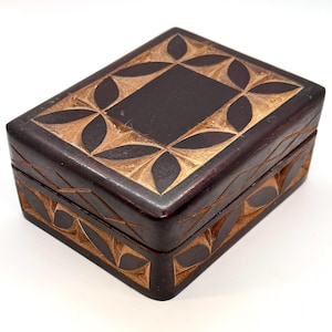 Wood Box – Two Piece – Storage, Trinket, Stash Box -  Carved Geometric Pattern  - Rustic Decor Gift – Vintage 1990s Handcrafted Storage Box