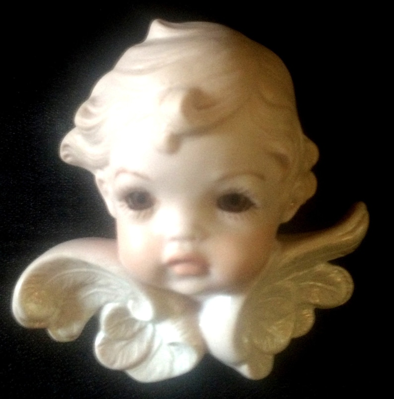 Wall Decoration Porcelain Bisque Brown Eye Angel Vintage 1980/'s Vintage Home Decor