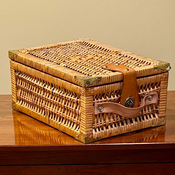Vintage Wicker Storage Box with Leather Detail - Rustic Home Decor - Antique Organizer