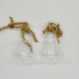 Set Of 2 Plastic Christmas Bell Ornaments With Gold Lace Ribbon Hanger - Vintage 1990s Holiday Decor