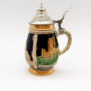 German Beer Stein - Drachenfels Scene - Ceramic Stein - Pewter Lid - Colorful Germany Souvenir Gift – Vintage Collectible Stein