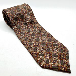 Christian Dior - Neck Tie - All Silk - Fabric Woven in Italy - Made in the USA - Green with Brown/Purple Accents  - Vintage 1990&#39;s Neck Tie