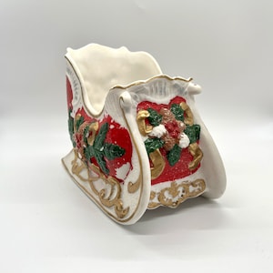 Ceramic Santa&#39; Sleigh - Plant Container - Floral Arrangement -  Red/Green/Gold/White – Vintage 1990’s Home Décor, Arts & Crafts Projects