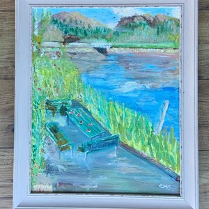 Original oil painting, &quot;Waterside Seating&quot;
