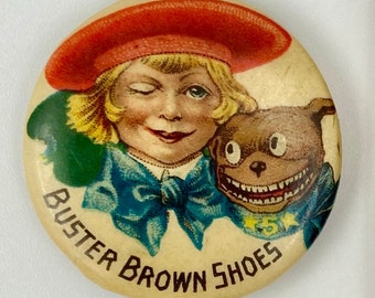 Antique Buster Brown & Tige Shoes c. 1910’s Celluloid Pinback