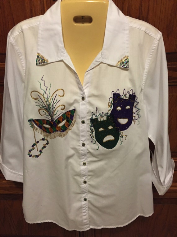 Mardi-gras Woman Shirt,PLUS SIZE 3//4 Sleeve With Roll Up Cuff Hand Made IN USA