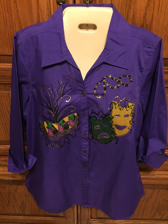 Mardi-gras Woman Shirt,PLUS SIZE 3//4 Sleeve With Roll Up Cuff Hand Made IN USA