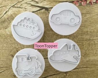 4 unids/lote avión barco tren coche muestra plástico cortador de galletas Fondant pastel herramientas pastel decoración DIY moldes azúcar artesanía émbolo
