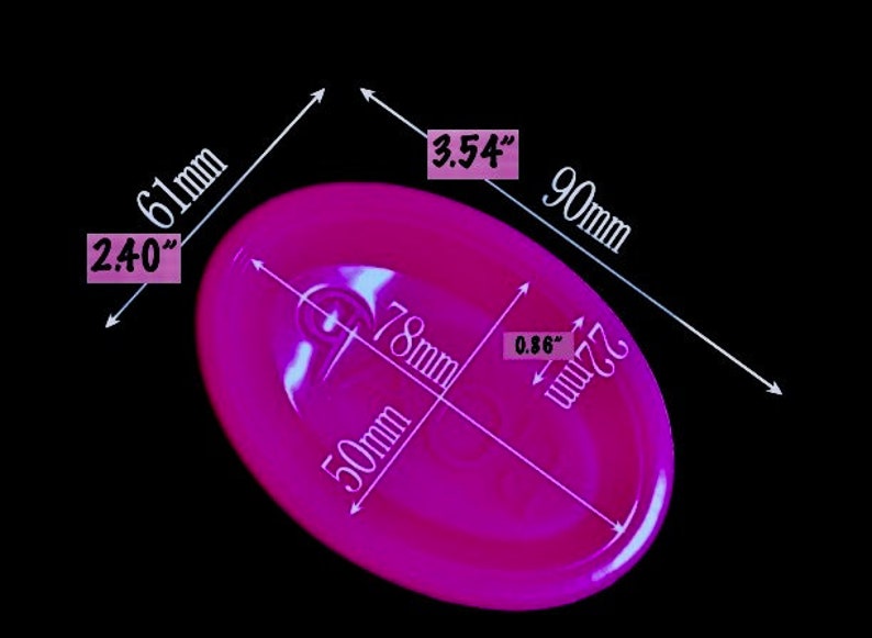 May include: A bright pink ear mold with measurements in inches and millimeters. The mold is 3.54 inches wide, 2.40 inches long, and 0.86 inches thick.