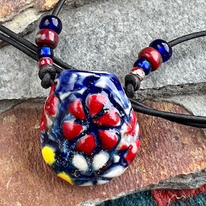 Aroma Therapy necklace, &quot;Visions of Summer&quot; - Essential Oil diffuser, Ceramic Oil diffuser, Porcelain pendant, Floral, Boho Chic, #1122-17
