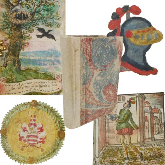 Album amicorum style entries (paintings, heraldry, etc) in a 1584 Emblemata by Andrea Alciato.  Printed by Plantin in Antwerp