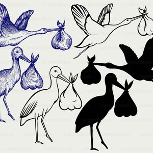 May include: A collection of stork illustrations in various styles: detailed blue pen sketches, simple black and white line drawings, and solid black silhouettes. Each stork carries a bundle, a classic symbol of new beginnings.