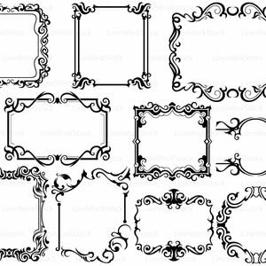 Op de afbeelding: Een verzameling zwarte, sierlijke frames in verschillende vormen en maten. De frames hebben ingewikkelde krullen en decoratieve elementen, geschikt voor digitale kunst- of designprojecten. De afbeelding bevat rechthoekige, vierkante en ovale frame-ontwerpen.