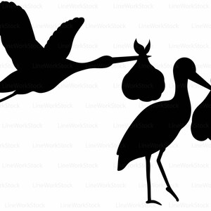 May include: Black silhouette illustration of two storks, one in flight and the other standing. Each stork carries a bundle in its beak, a common symbol of childbirth and new beginnings. The image is set against a white background.