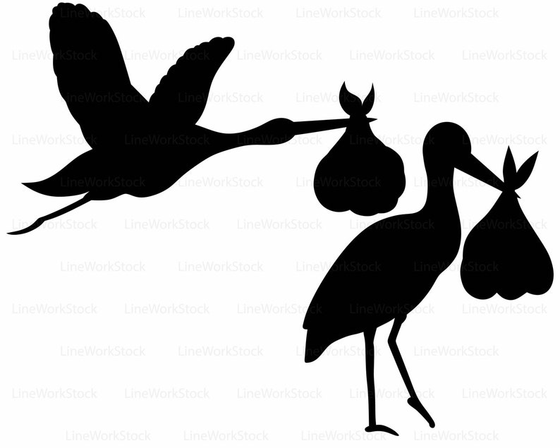 May include: Black silhouette illustration of two storks, one in flight and the other standing. Each stork carries a bundle in its beak, a common symbol of childbirth and new beginnings. The image is set against a white background.
