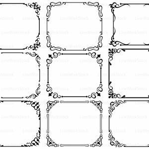 May include: Nine black decorative frames with ornate corner and edge designs. Each frame has a white interior, and the designs vary in complexity, offering a range of elegant options for various creative projects.