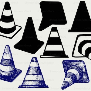 Peut inclure: Plusieurs illustrations de cônes de signalisation. Certaines sont des silhouettes noires, tandis que d'autres présentent des rayures blanches et orange. Il existe également des dessins bleus au stylo et à l'encre de cônes, offrant une variété de designs.