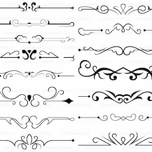 May include: A collection of black decorative line dividers in various ornate designs. These graphic elements include swirls, curves, and symmetrical patterns, suitable for embellishing digital or print projects.