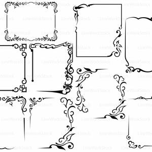 Może przedstawiać: Kolekcja czarnych dekoracyjnych ramek i obramowań o różnych kształtach. Projekty obejmują ozdobne wiry, loki i elementy kwiatowe, odpowiednie do zaproszeń lub projektów graficznych. Ramki są na białym tle.