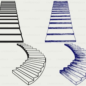 May include: Four illustrations of staircases in black and blue. Two straight staircases and two curved staircases are depicted. The staircases are drawn in a simple, graphic style, with a focus on the lines and shapes of the steps.