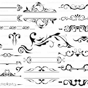 Peut inclure: Une collection d'éléments de design décoratifs noirs, comprenant des bordures, des ornements et des coins. Les motifs présentent des volutes complexes et des motifs symétriques, adaptés à divers projets de design.