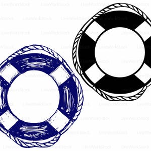 May include: Two lifebuoys are shown, one in navy blue and the other in black and white, on a white background. Both are circular with a central hole and a rope border, suggesting a nautical theme.