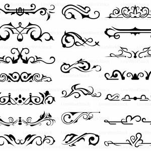 May include: A collection of black decorative design elements, including ornate borders and flourishes. The designs feature swirling lines, symmetrical patterns, and floral motifs. These graphic elements are suitable for various design projects.