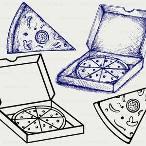 Peut inclure: Illustration au stylo et encre de tranches de pizza et de boîtes à pizza. Une tranche est séparée, tandis que deux boîtes contiennent des pizzas entières coupées en tranches. L'œuvre est en noir et blanc, de style dessiné à la main.