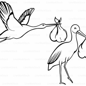 May include: Black and white line art illustration of two storks. One stork is in flight, carrying a bundle in its beak. The other stork is standing, also carrying a bundle. The image is a vector graphic.