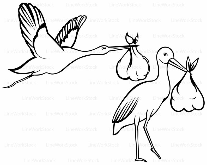 May include: Black and white line art illustration of two storks. One stork is in flight, carrying a bundle in its beak. The other stork is standing, also carrying a bundle. The image is a vector graphic.