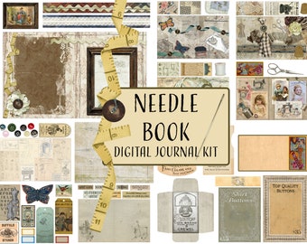 May include: Digital journal kit with a vintage sewing theme. The kit includes images of buttons, sewing needles, fabric, and other sewing supplies. The text "NEEDLE BOOK DIGITAL JOURNAL KIT" is displayed on the image.