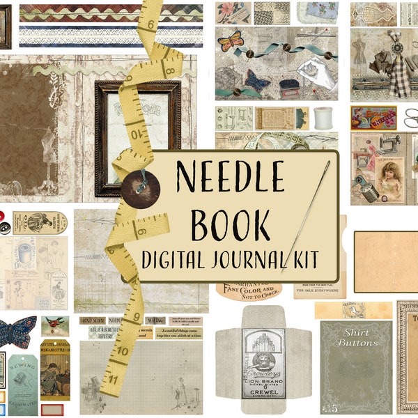 Needle Book Digital Journal Kit - Sewing, Quilting, Junk Journal Papers and Ephemera