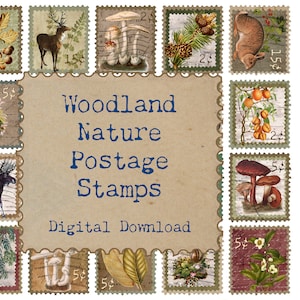 Woodland Nature Francobolli postali - Digitale, Naturale, Animali, Boschi, Junk Journal, Ephemera