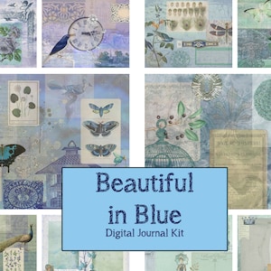 Beautiful in Blue Digital Journal Kit - Birds, flowers, butterflies, ephemera