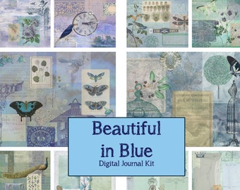 Beautiful in Blue Digital Journal Kit - Birds, flowers, butterflies, ephemera