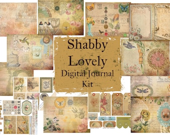 Shabby Lovely digital Journal Kit; Eclectic Shabby Floral Birds Feathers Butterflies Buttons