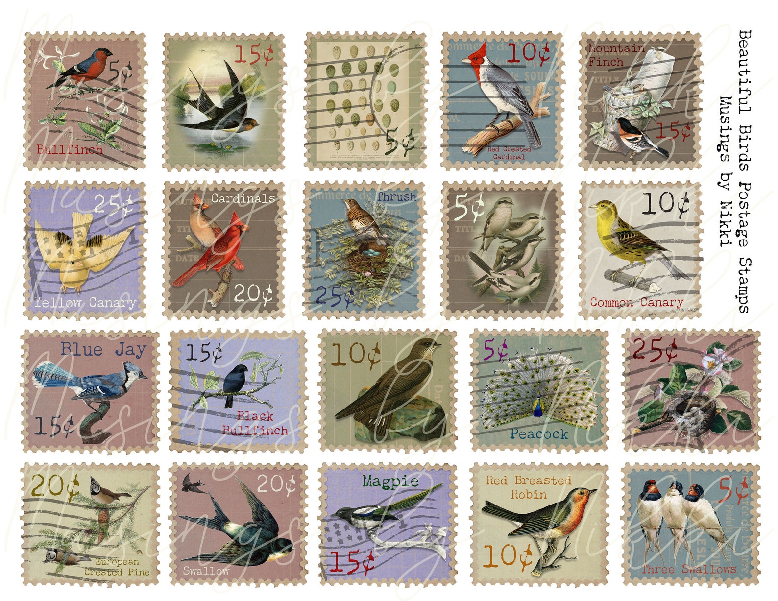Beautiful Birds Postage Stamps Digital Junk Journal Etsy