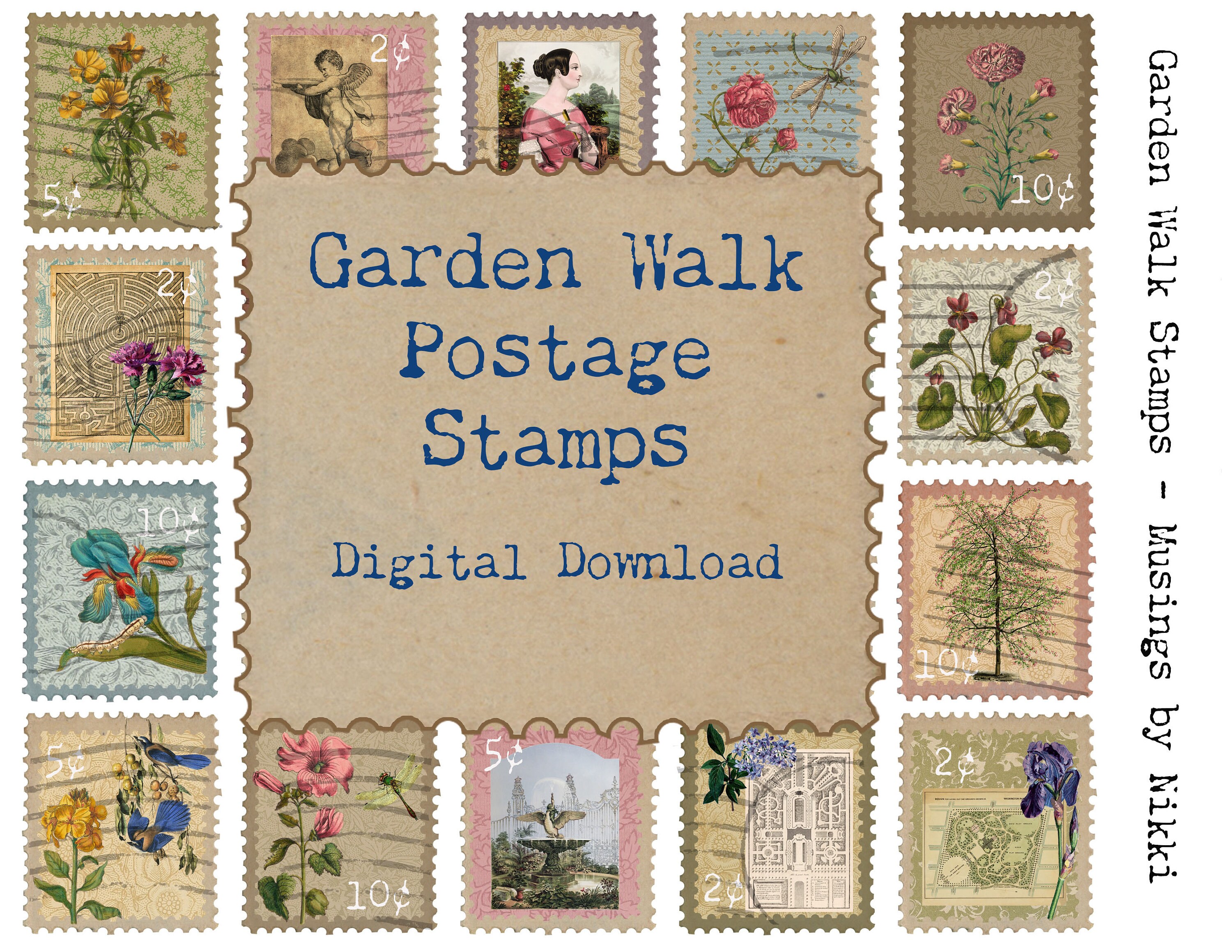 Garden Walk Postage Stamps Digital Floral Flowers Trees Etsy