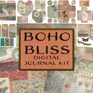 May include: A digital journal kit titled "Boho Bliss" featuring various patterned papers, tags, and envelopes. The design incorporates floral, butterfly, and peacock motifs in muted tones of orange, green, and blue. The kit includes the text "Digital Journal Kit".