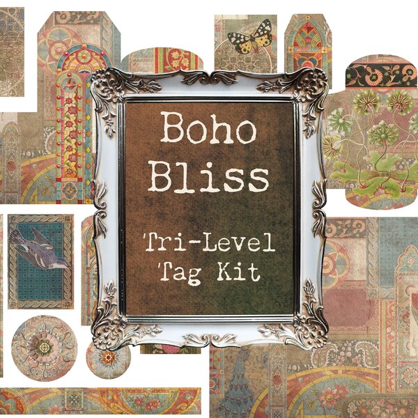 Boho Bliss Tri-Level Tag Digital Kit - Ephemera, Geschenk, Karte, Verzierung, Junk Journal, Boho