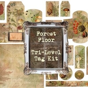 May include: A set of printable tags featuring a forest floor theme. The tags are in various shapes and sizes, with images of mushrooms, leaves, berries, and other forest elements. The text "Forest Floor Tri-Level Tag Kit" is displayed in a frame.