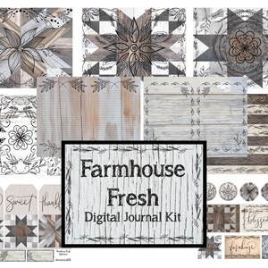 Bauernhaus Fresh Digital Journal Kit;  Rustikales Scheunenholz, handgezeichnet, florales Mandala-Design