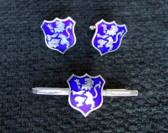 Scots Lion Rampant Silvertone Blue Shield Cufflinks and Tie Clip set Unsigned Scotland Scottish